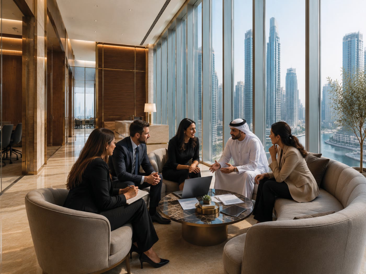 The Golden Desert team in conversation with a partner in Dubai