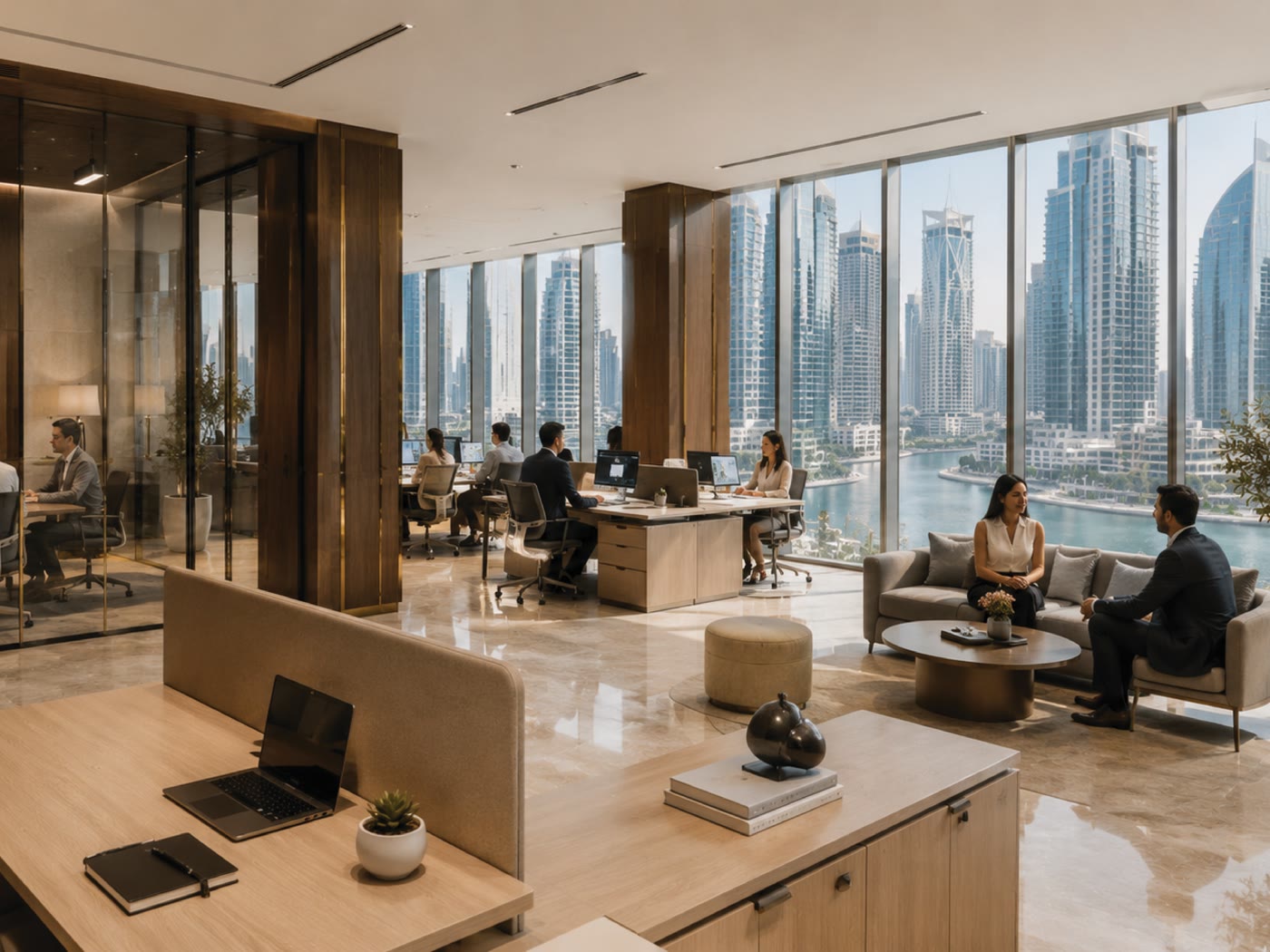 The open workspace, looking out over the water