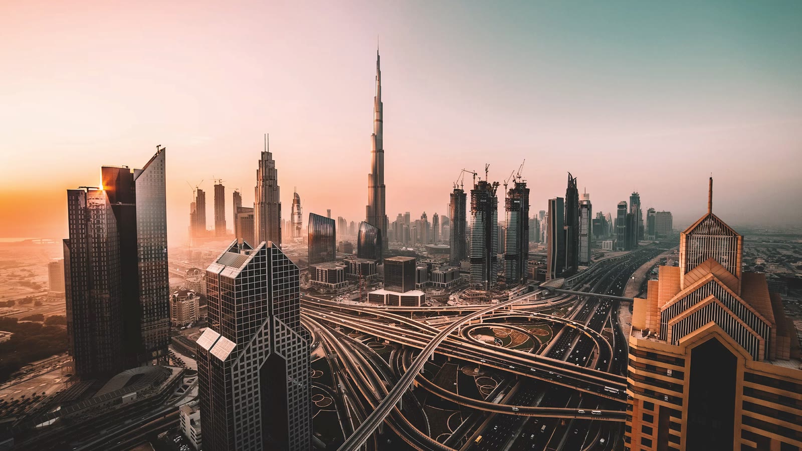 The Dubai skyline at sunset
