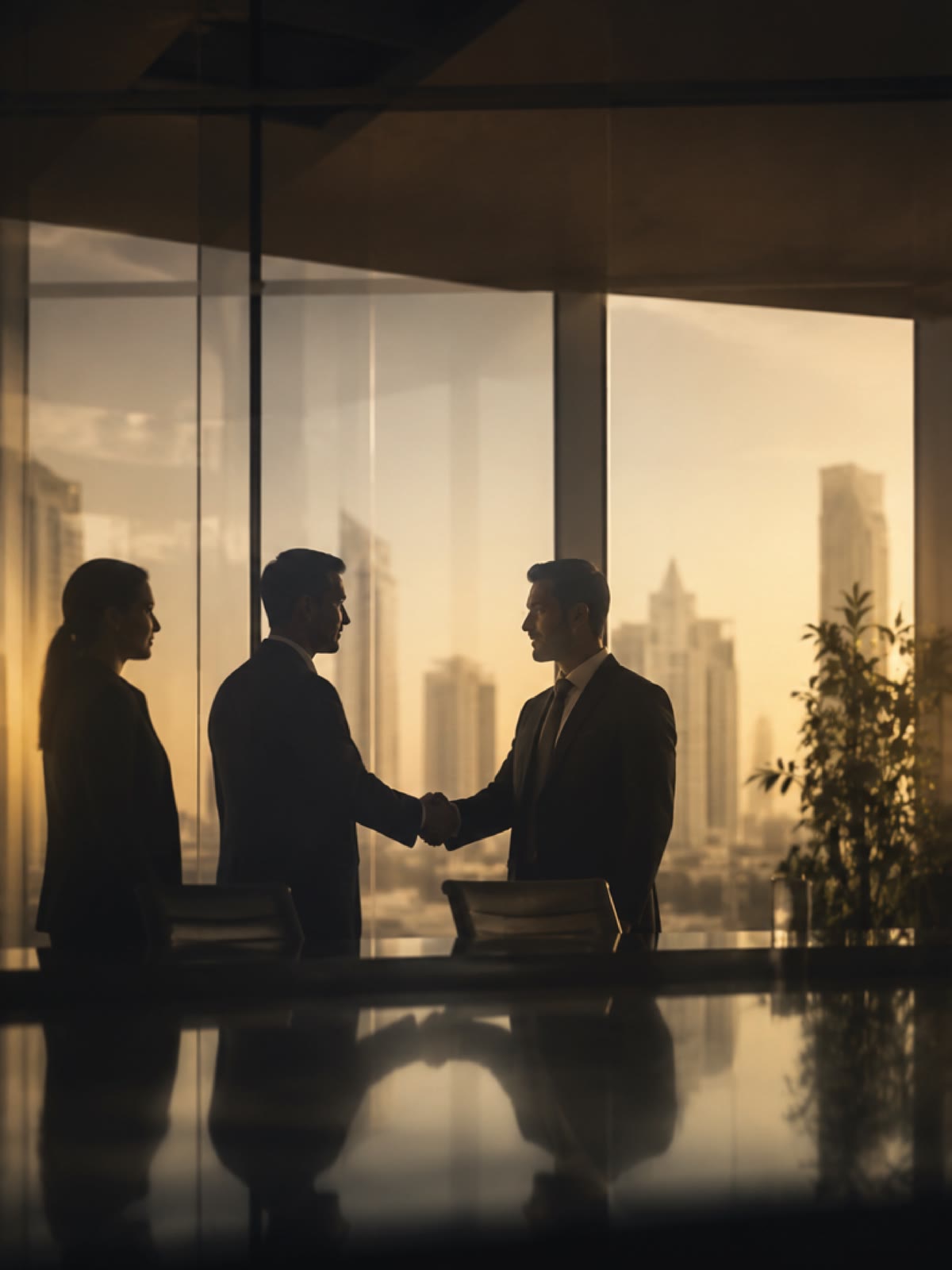 Partners shaking hands in a Dubai office at sunset