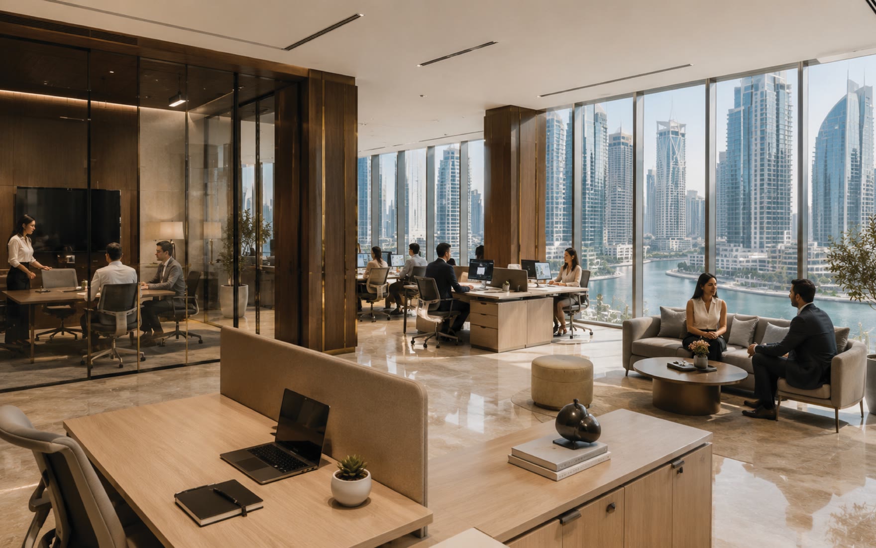 The Golden Desert workspace in Dubai, overlooking the water