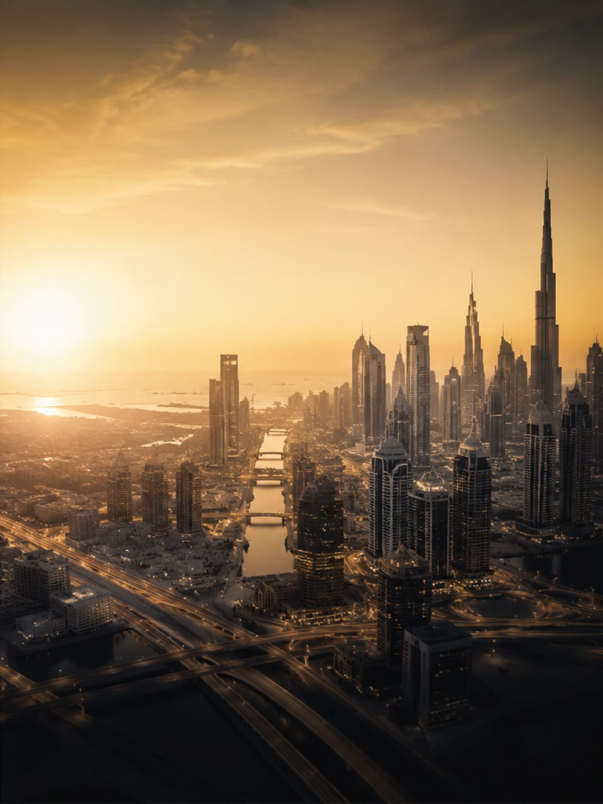 The Dubai skyline seen from above at golden hour